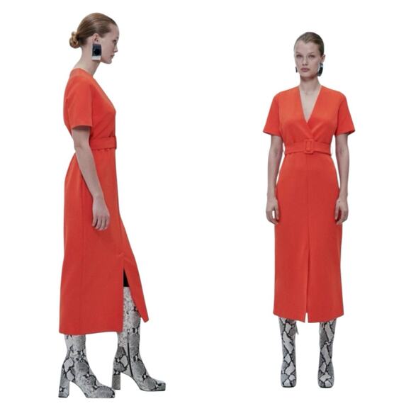ZARA Midi Dress Belted Orange Sheath Large - Picture 1 of 12